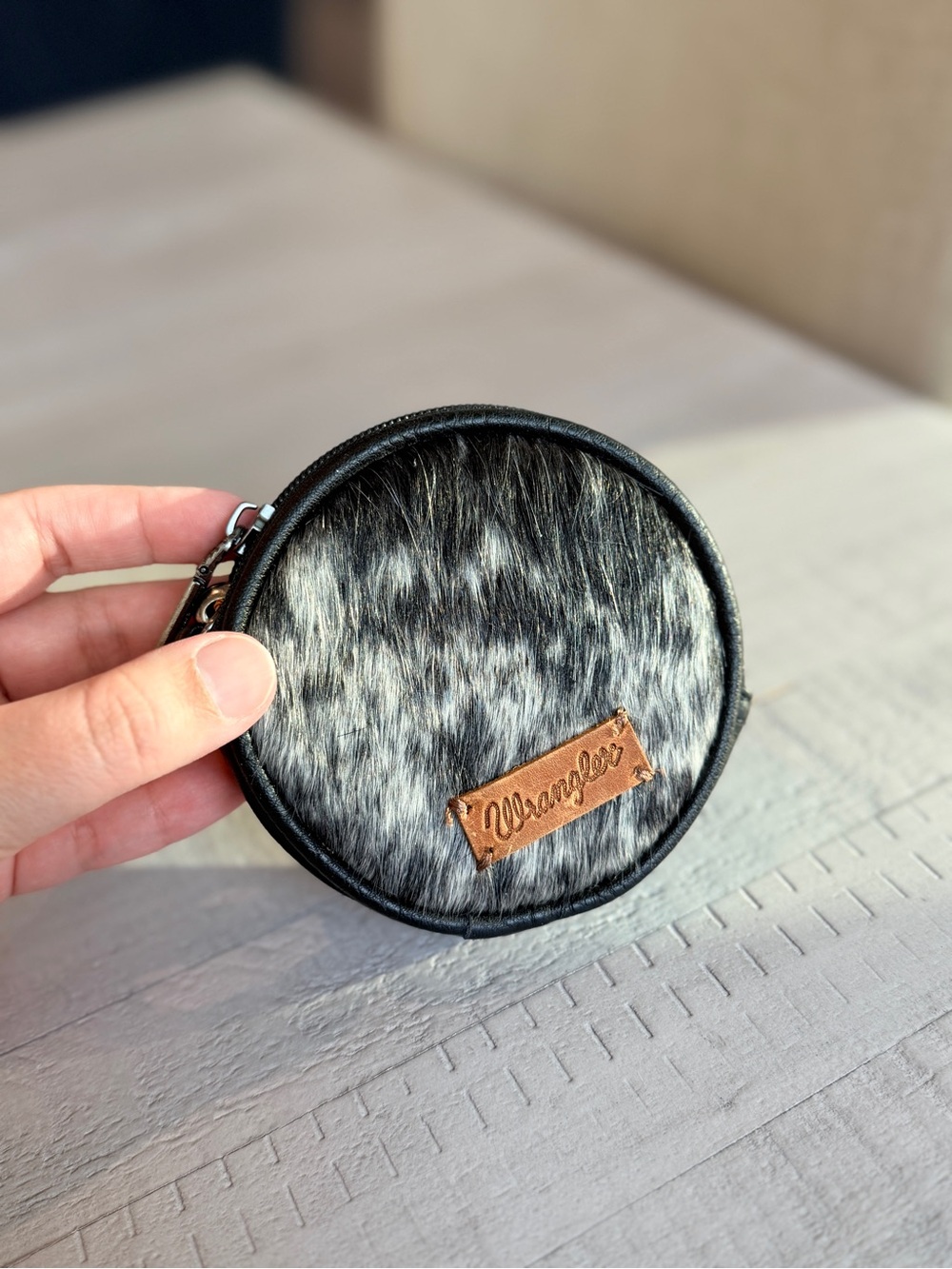 Wrangler Round Genuine Cowhide Coin Pouch Bag Charm - Black & Gray